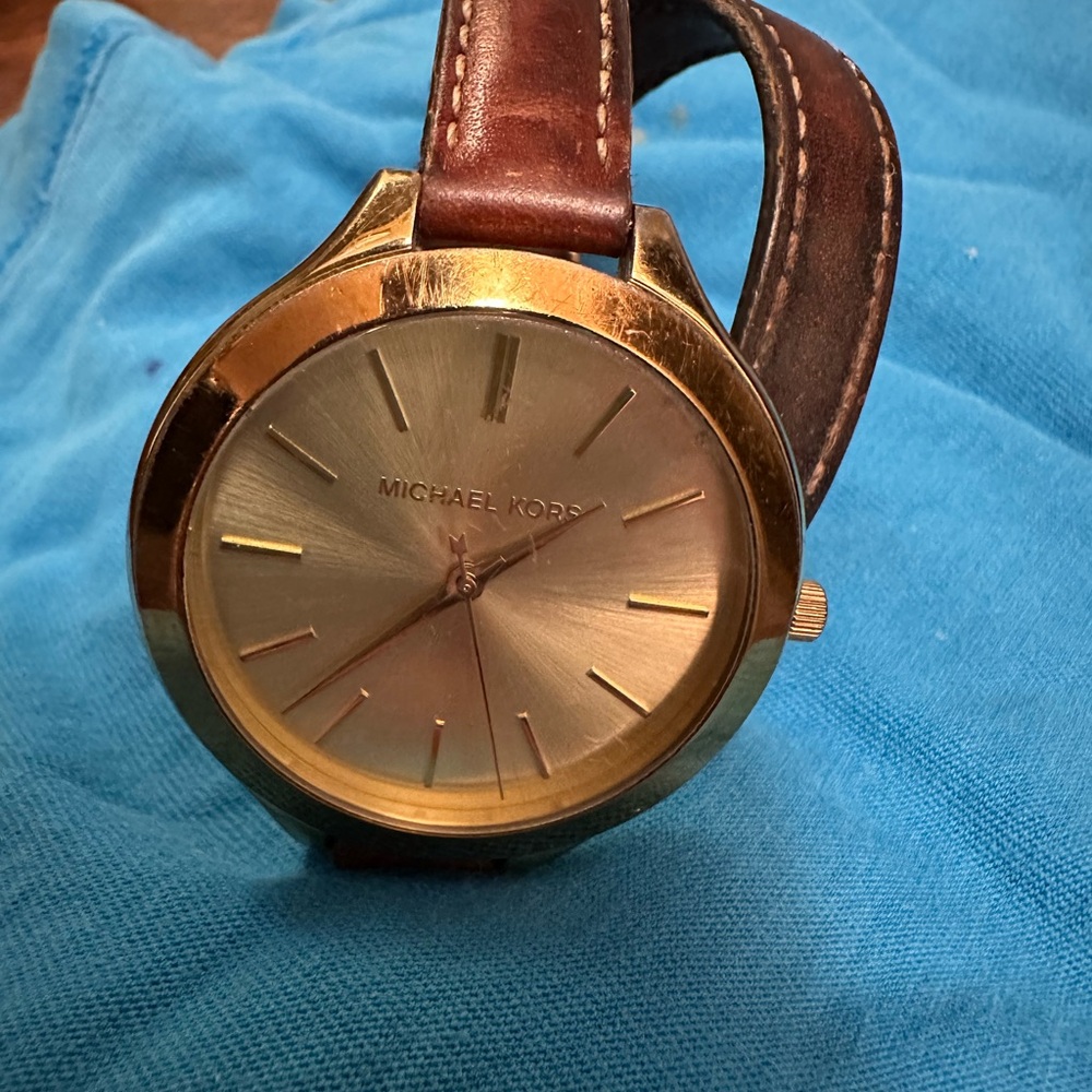 Michael Kors Gold Dial Watch with Brown Leather Strap MK2256 double wrap